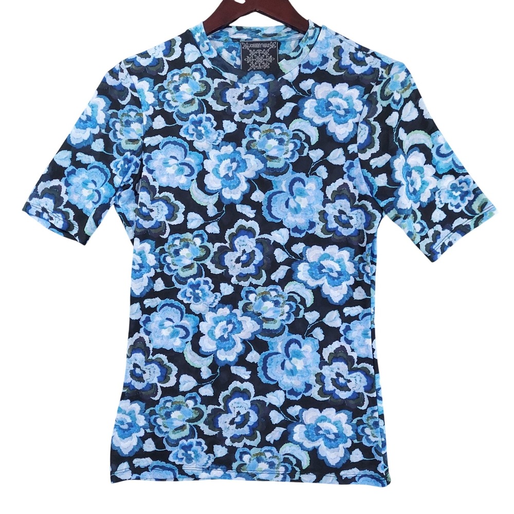 Johnny Was Mesh Top Womens Medium Blue Floral Short Sleeve Crew Neck R15323A-3